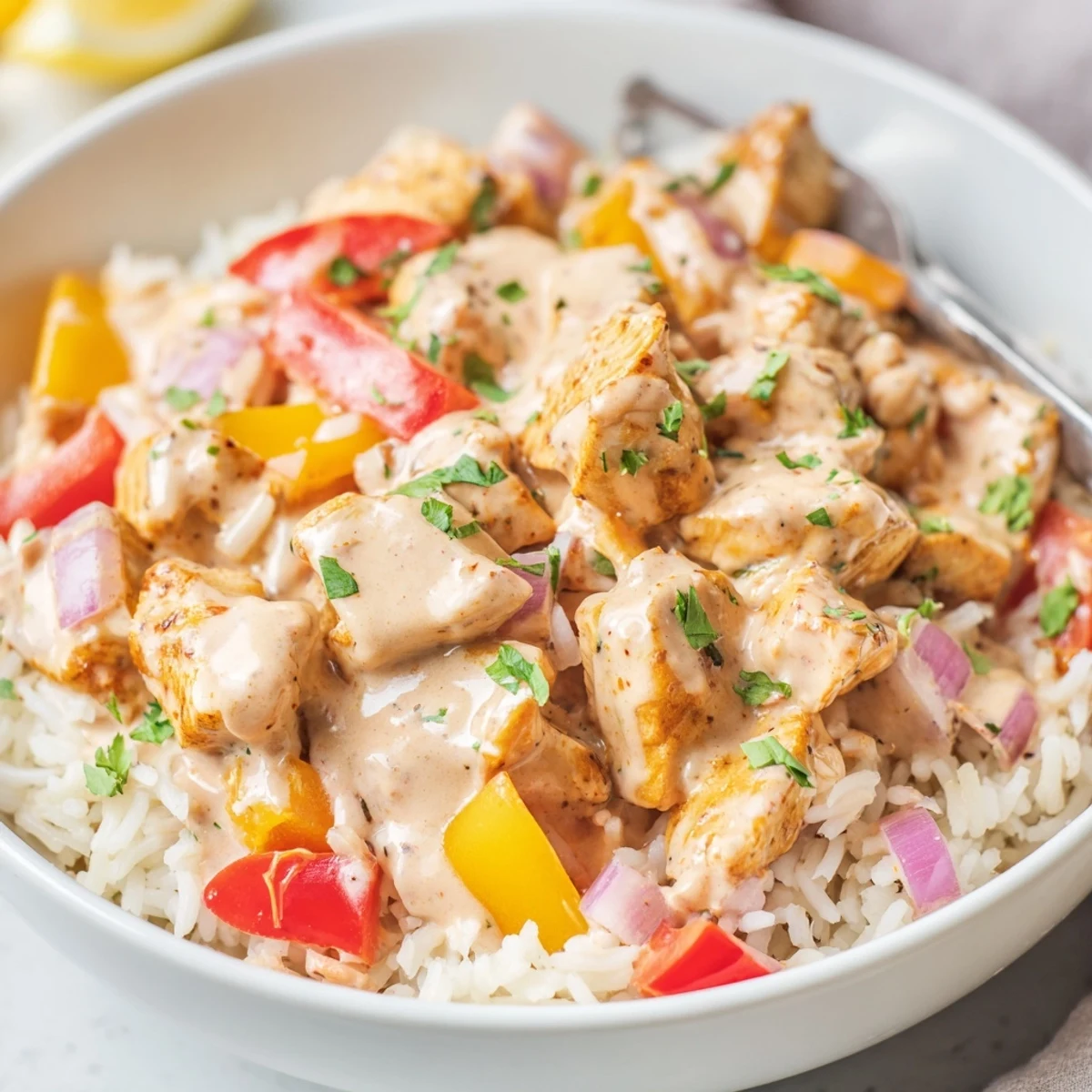 Weeknight Creamy Cajun Chicken Rice Bowls: tender spiced chicken, creamy parmesan sauce, fluffy rice