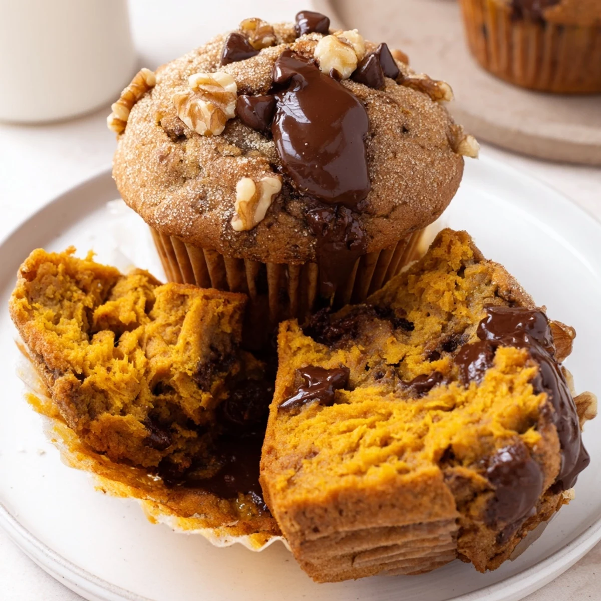 Warm Pumpkin Banana Muffins Recipe with cinnamon sugar sprinkle, moist crumb.