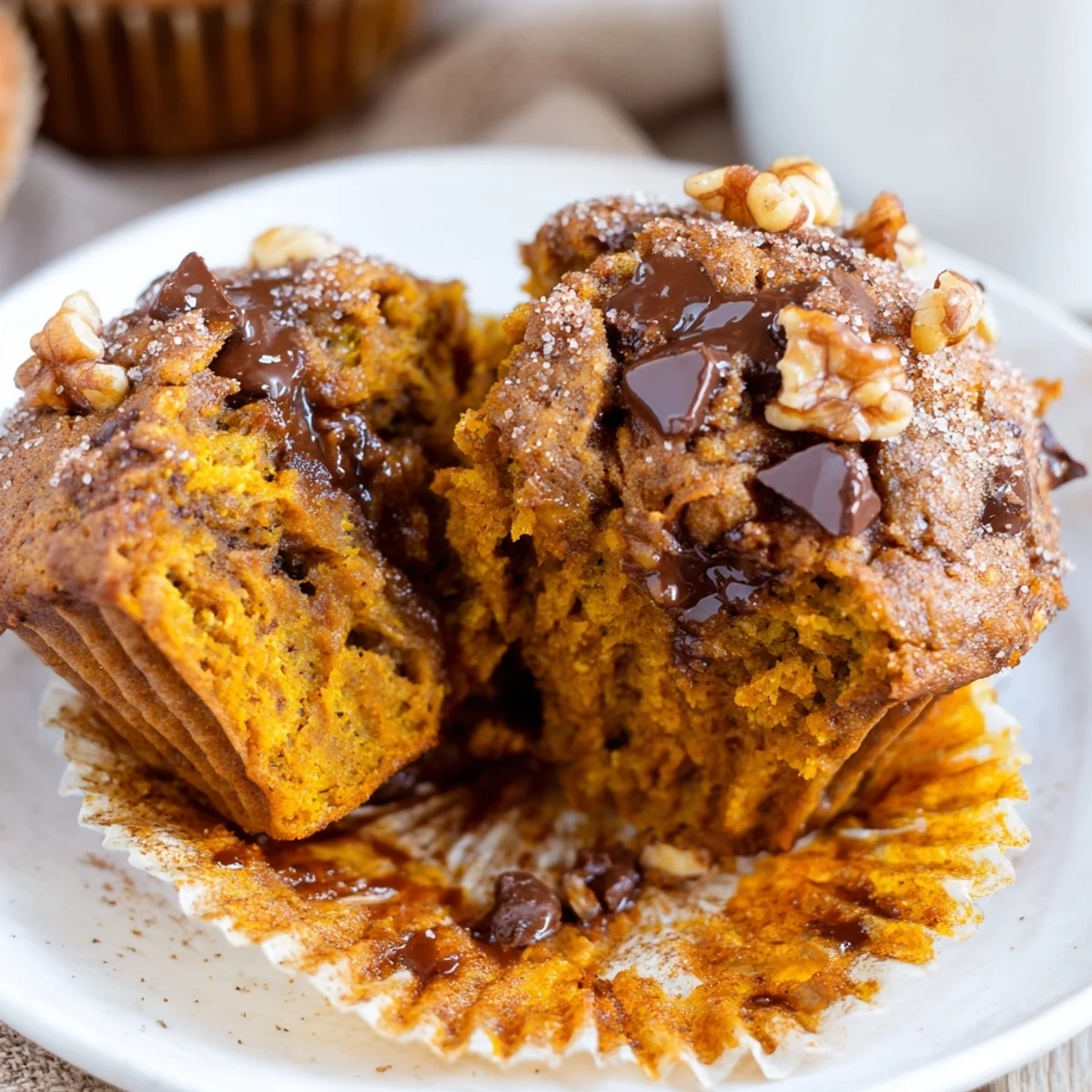 Family style Pumpkin Banana Muffins Recipe served on plate with pecan crumbs.