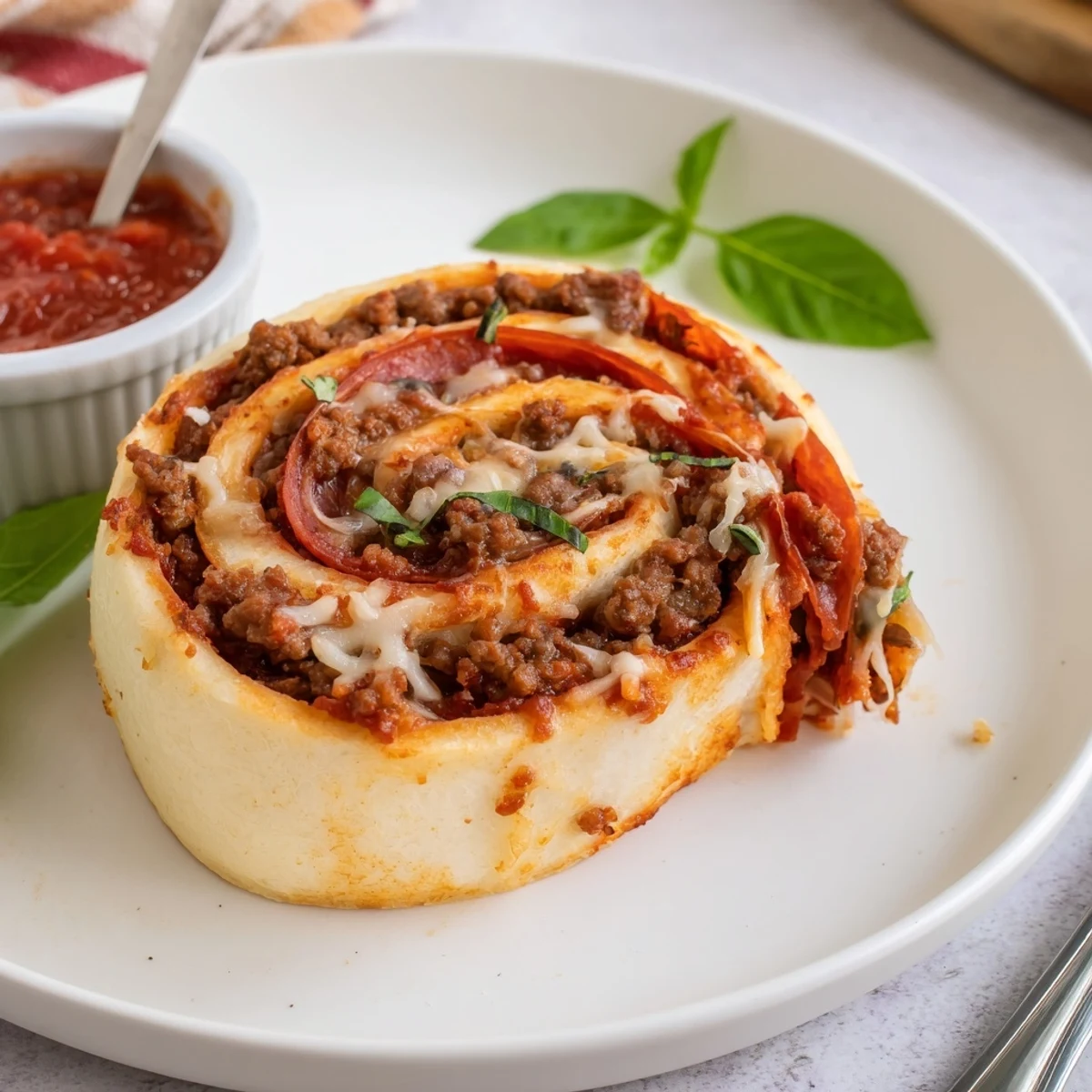 Oven-baked Cheesy Beef Pepperoni Pizza Roll Ups Snack Recipe served with marinara.