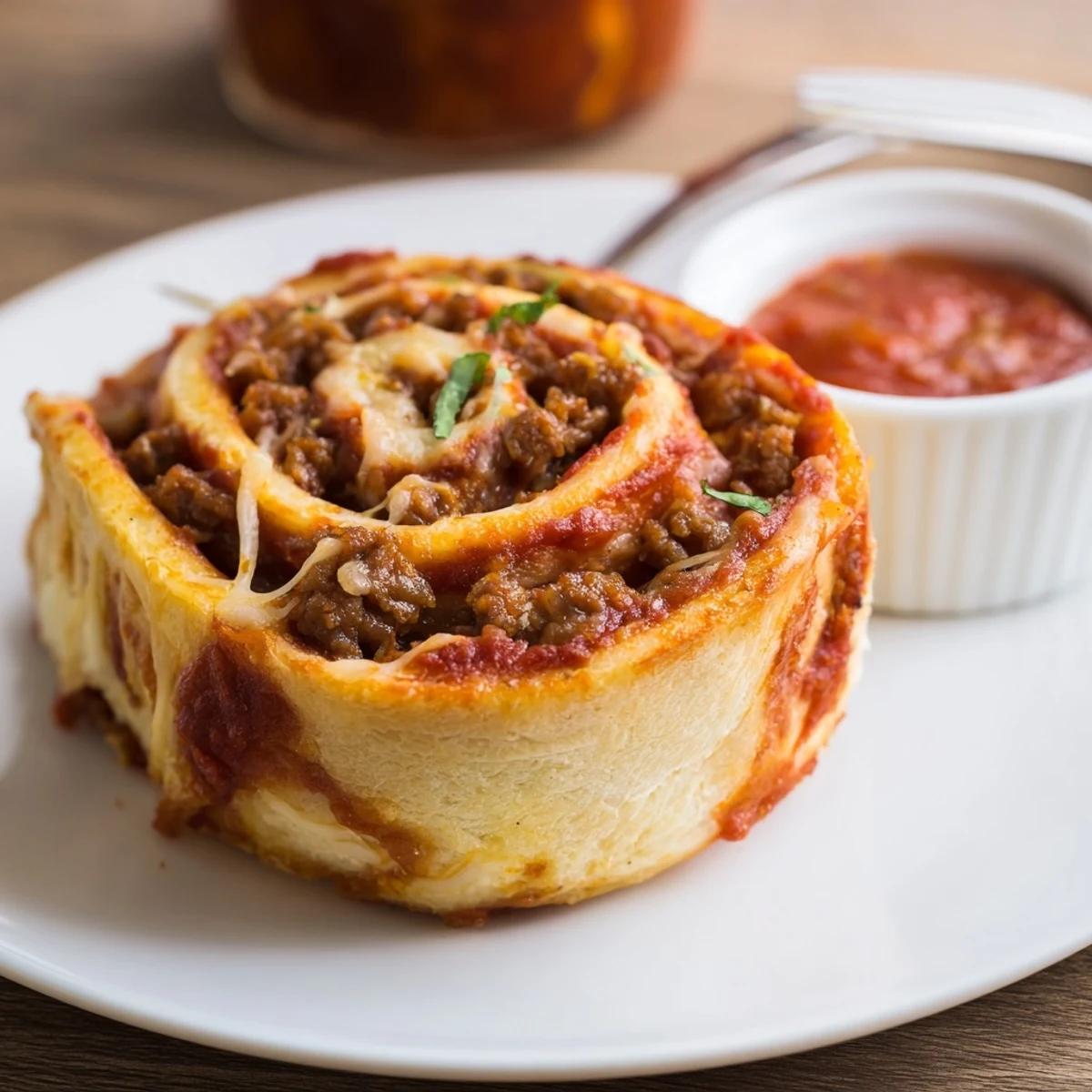 Plate of Cheesy Beef Pepperoni Pizza Roll Ups Snack Recipe, crispy edges visible.