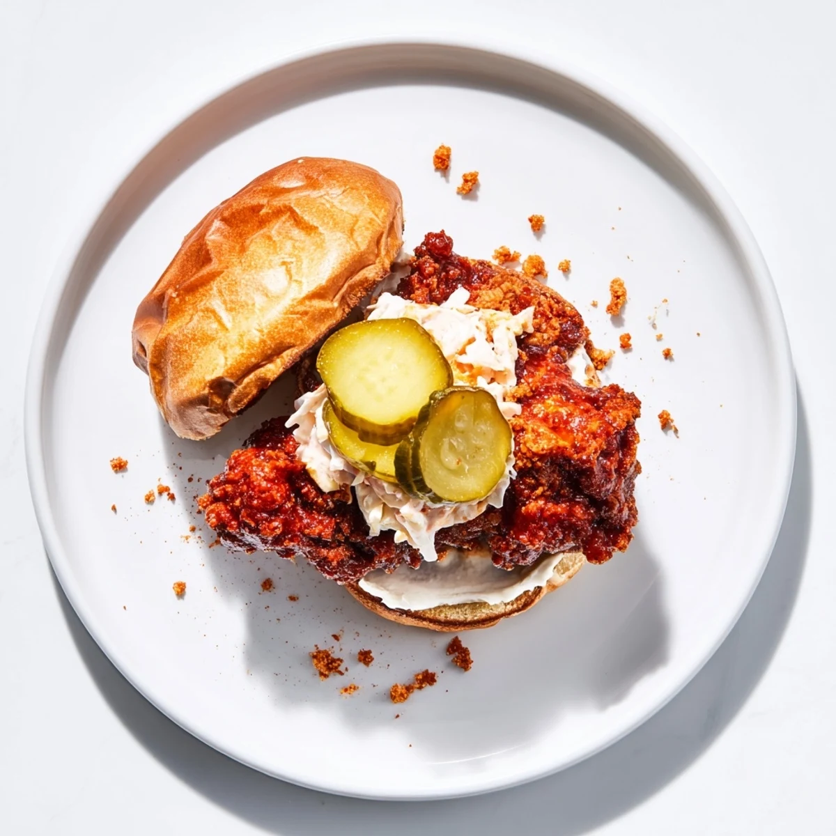 Spicy Nashville Hot Chicken Sandwiches with glossy cayenne glaze, crunchy pickles, creamy slaw