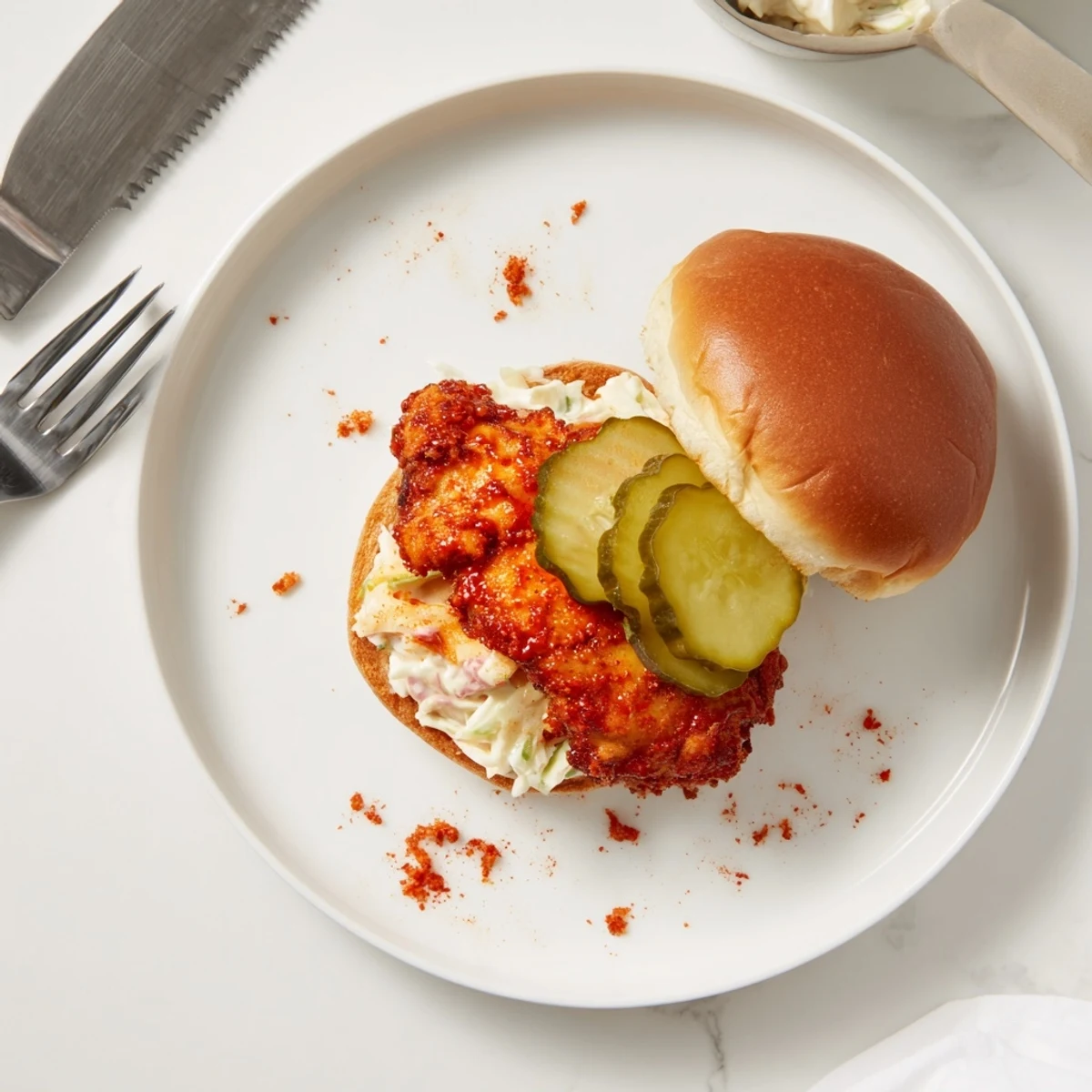 Handheld Spicy Nashville Hot Chicken Sandwiches served with cold sweet iced tea