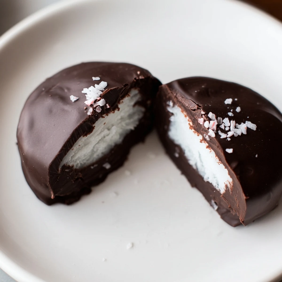 Peppermint Patties arranged on parchment, glossy dark chocolate and crushed candy