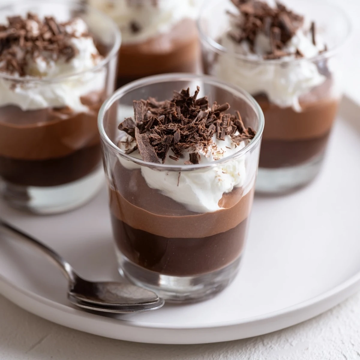 Triple Chocolate Mousse Cups layered in clear glasses, creamy textures and glossy tops