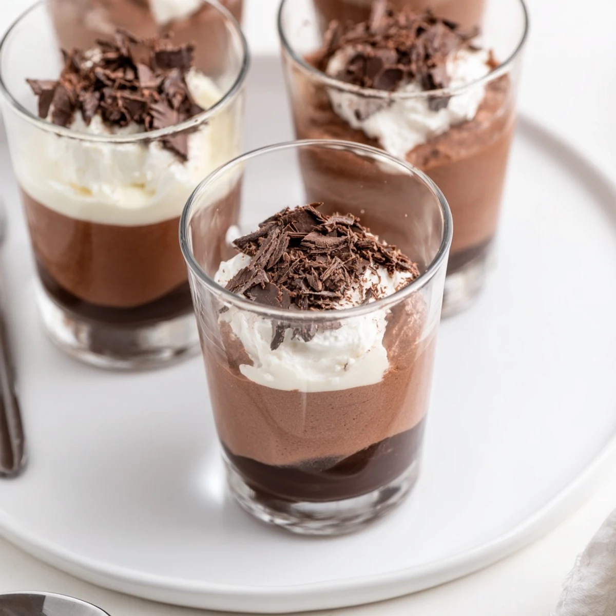 Triple Chocolate Mousse Cups garnished with shaved chocolate, rich, silky layers visible