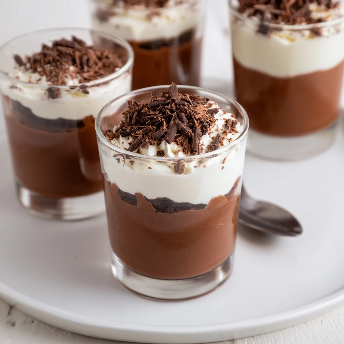 Triple Chocolate Mousse Cups chilled with cocoa dusting, ready to serve