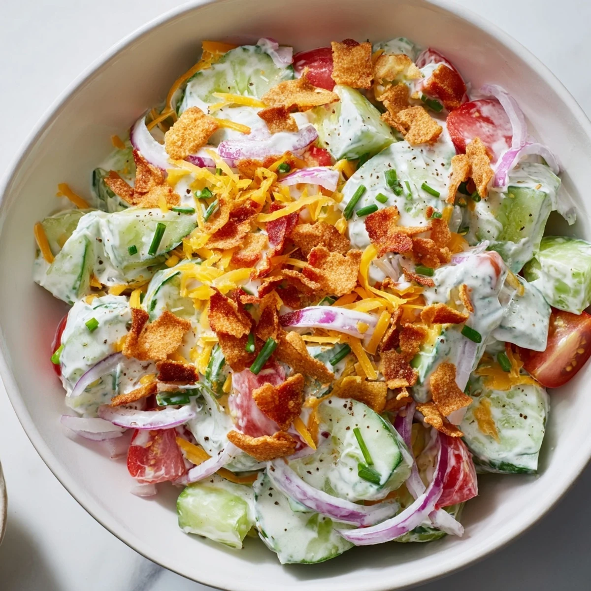 Cucumber Ranch Crack Salad heaped in bowl with crispy bacon topping
