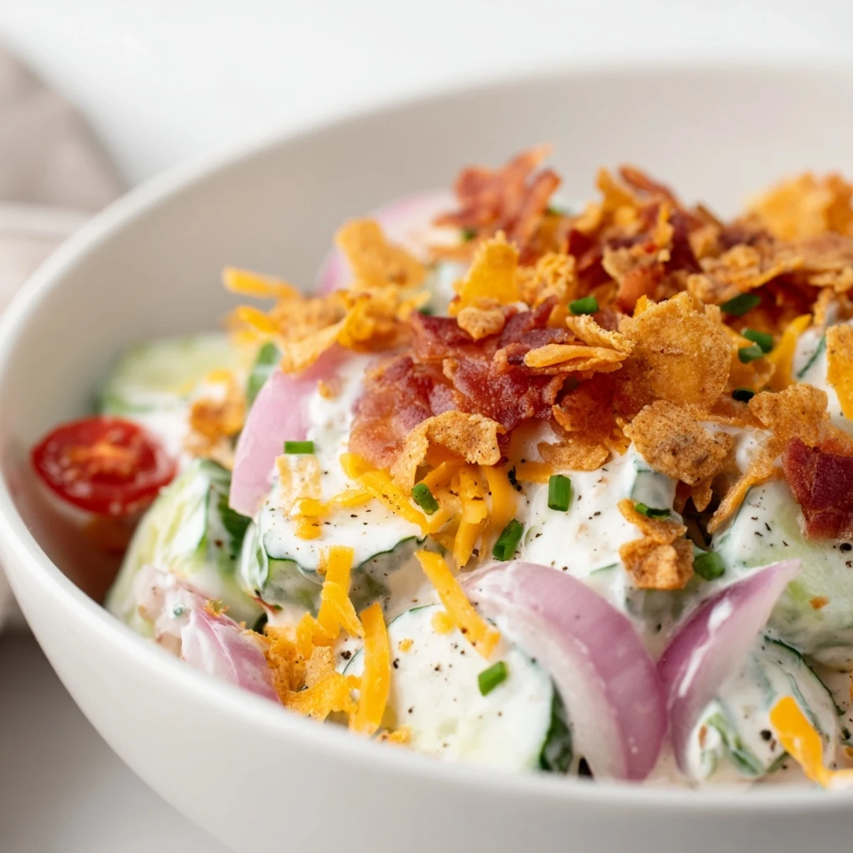 Picnic-ready Cucumber Ranch Crack Salad topped with smoky bacon and chives