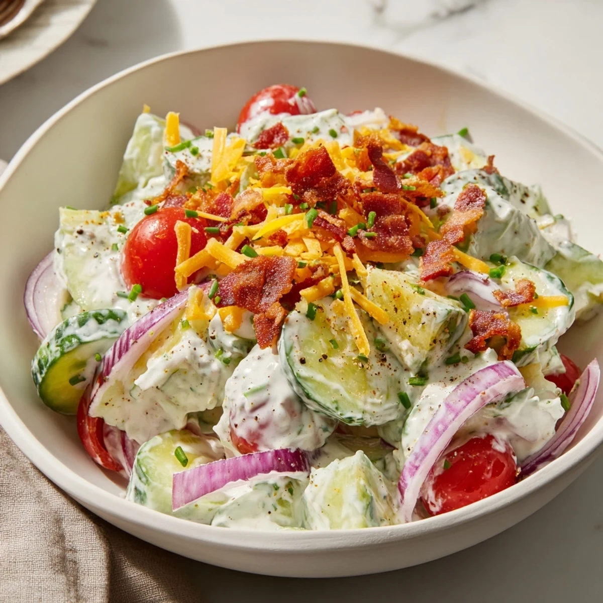 Creamy Cucumber Ranch Crack Salad chilled, studded with cheddar and crushed chips