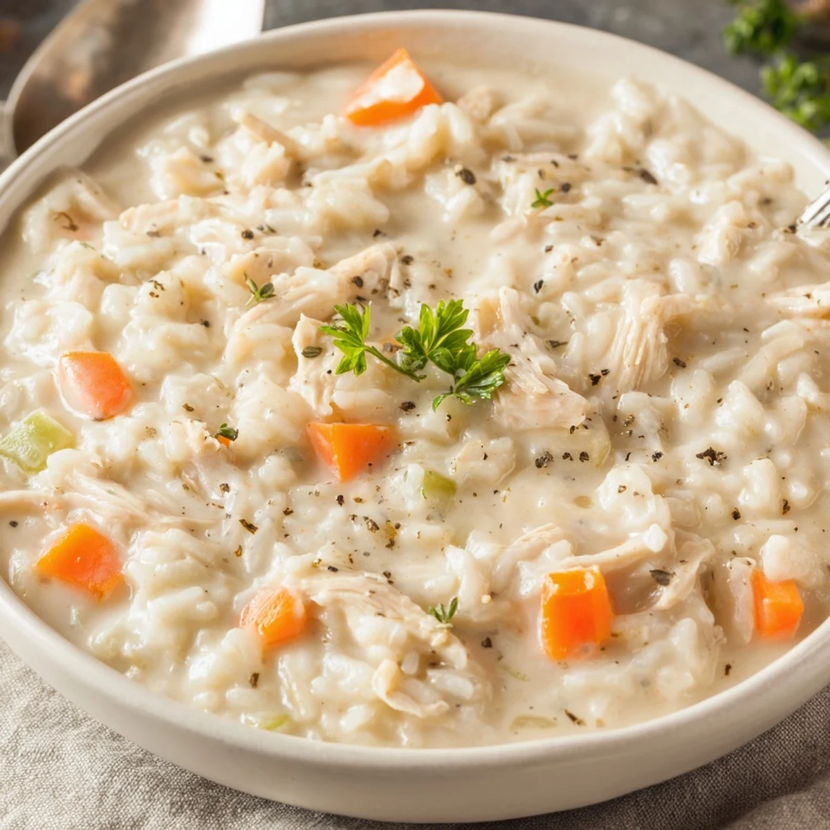 Creamy Chicken Rice Soup steaming in bowl, tender rice and silky broth  
