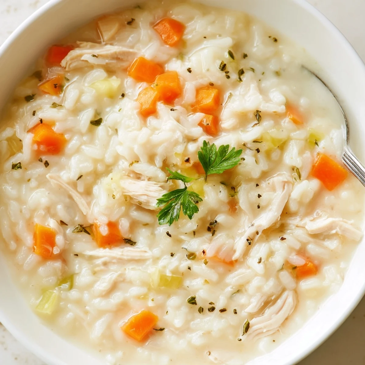 Bowl of Creamy Chicken Rice Soup garnished with parsley, served with bread  