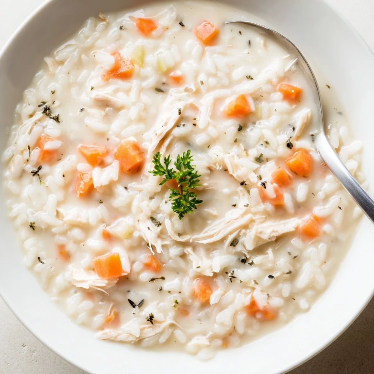 Spoon lifting Creamy Chicken Rice Soup, thick velvety broth with shredded chicken