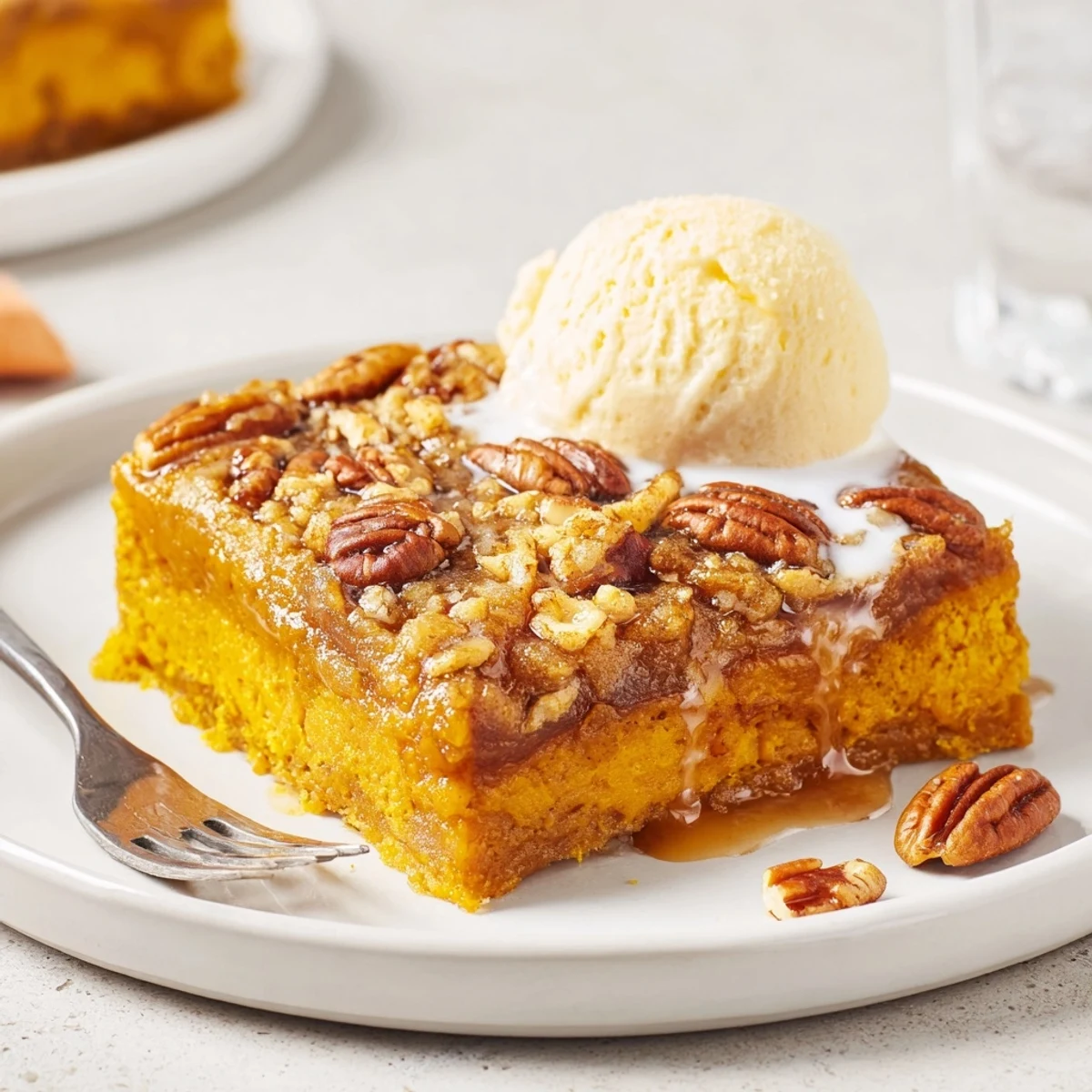 Slice of Pumpkin Dump Cake served with melting vanilla ice cream and fork