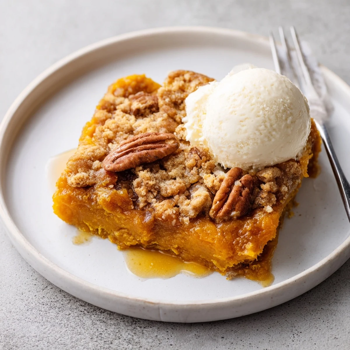 Warm Pumpkin Dump Cake with golden pecan topping, steam and cinnamon aroma