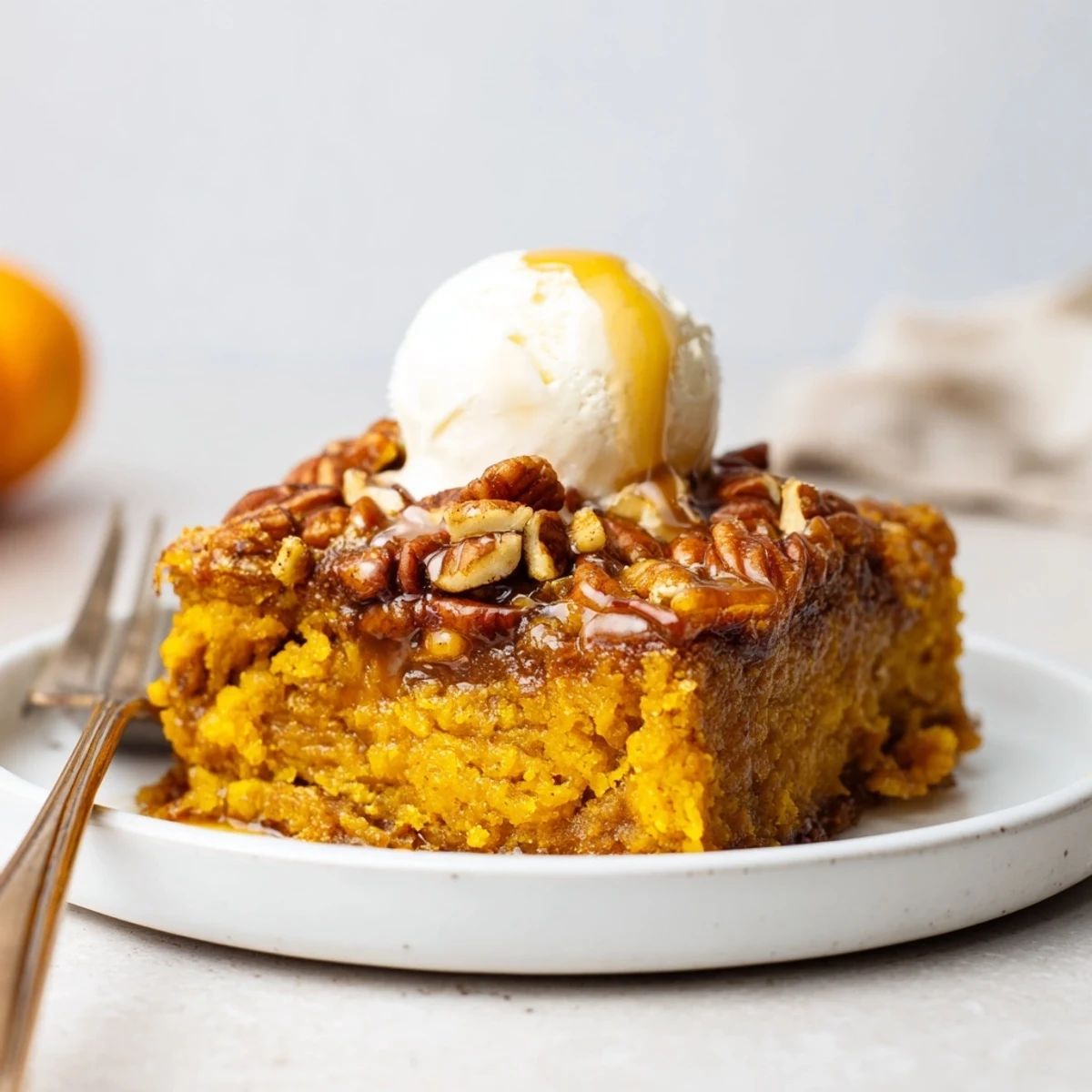 Baked Pumpkin Dump Cake cooling in pan, crackled buttery crust and warm spice