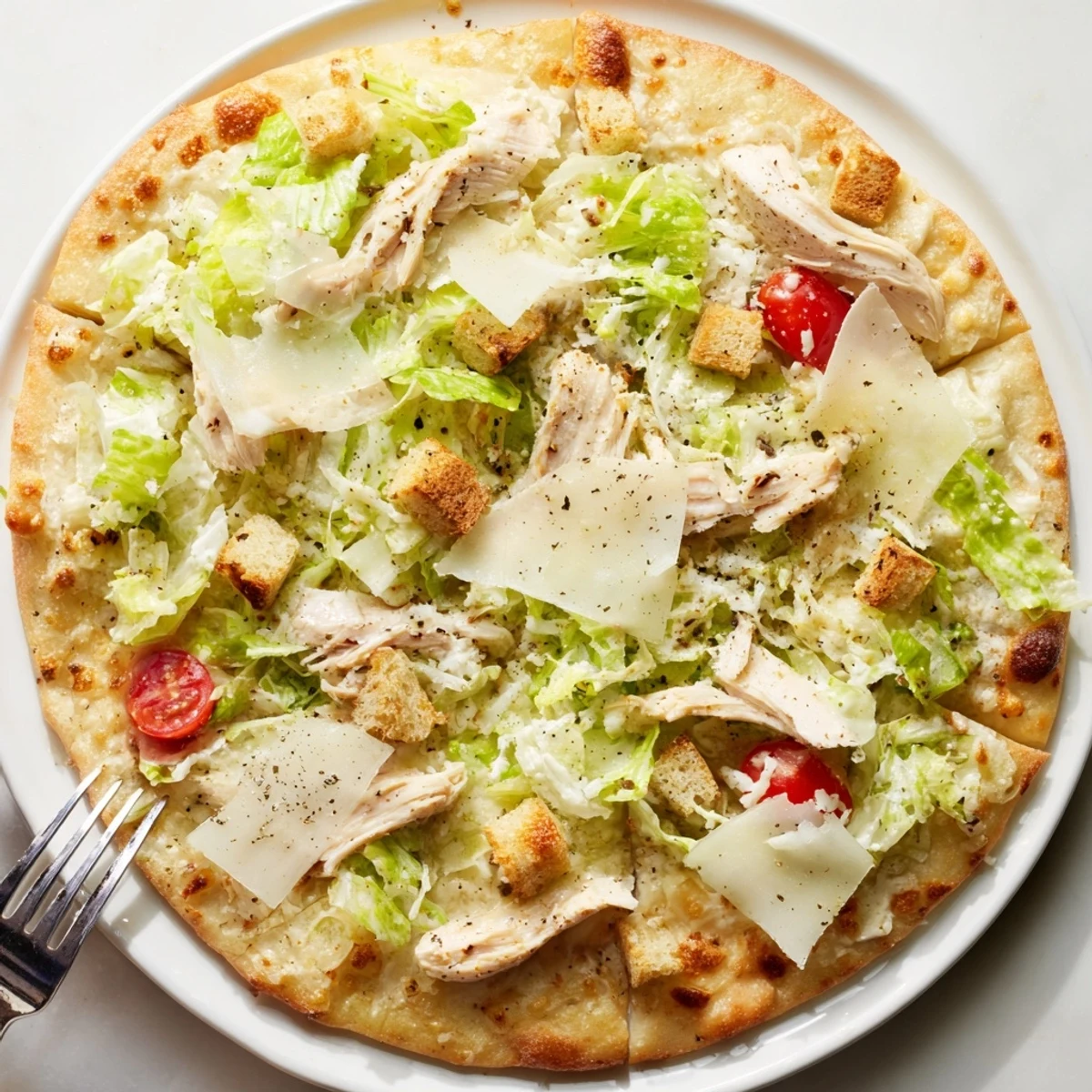 Chicken Caesar Salad Pizza Recipe with golden crust, creamy dressing, and crisp romaine