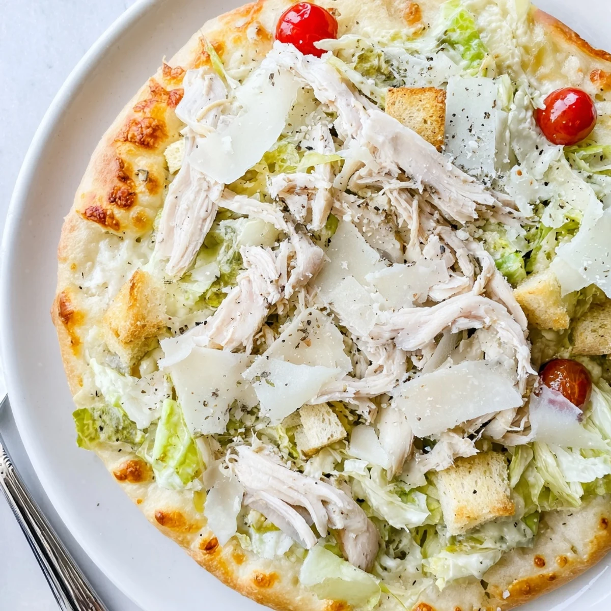 A 12-inch Chicken Caesar Salad Pizza Recipe showing shaved Parmesan, tangy dressing, fresh romaine