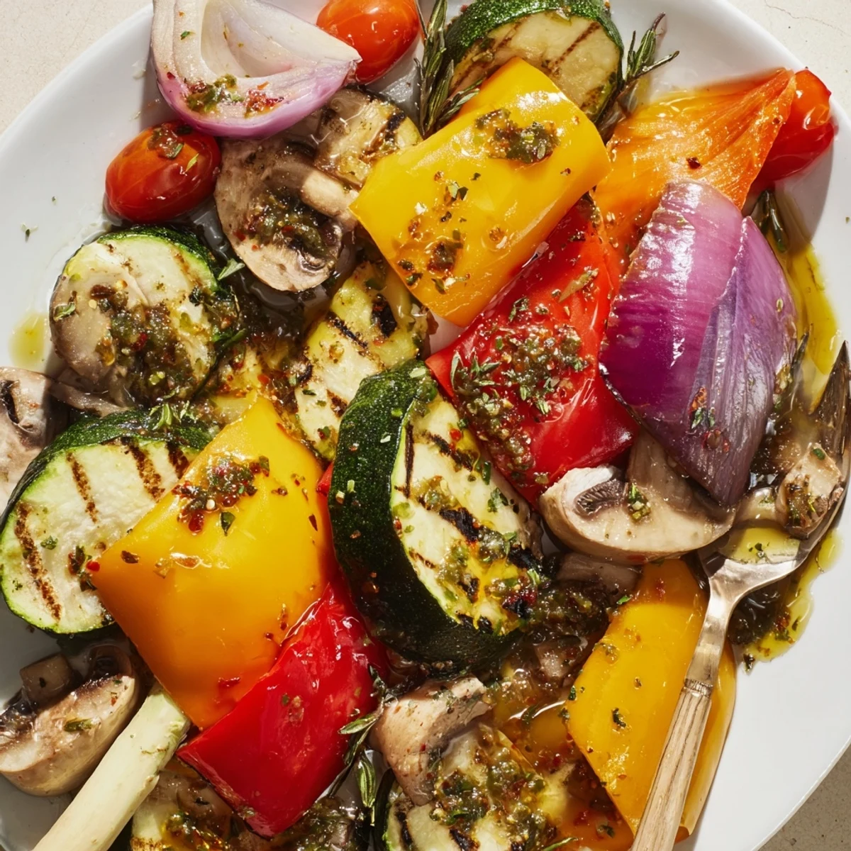 Incredible BBQ Grilled Vegetables Marinated Recipe showcasing charred peppers, zucchini, herbed aroma
