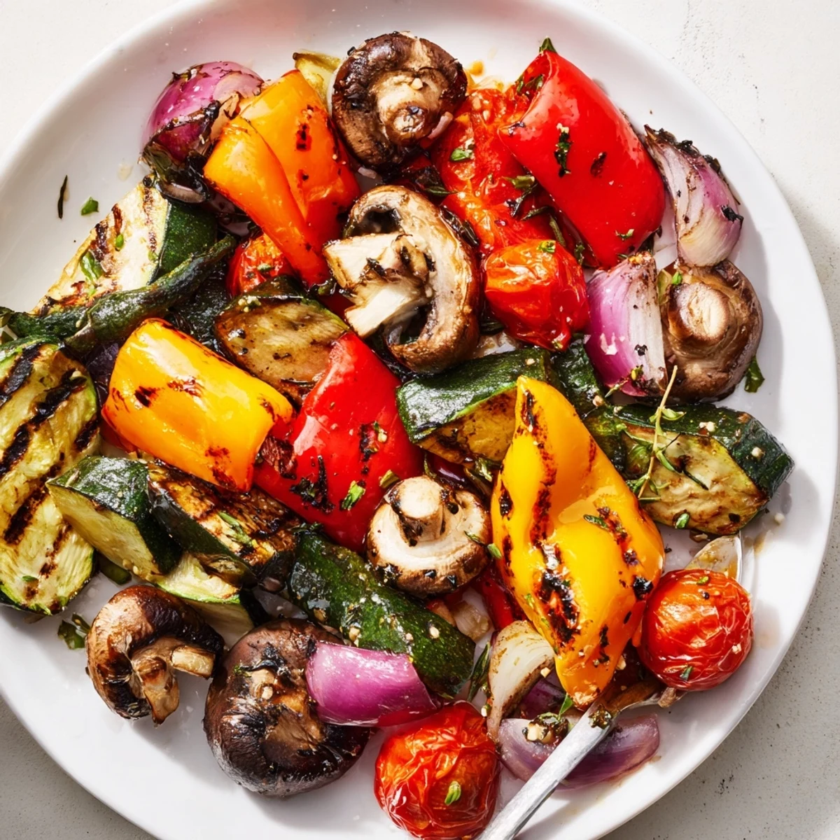 Incredible BBQ Grilled Vegetables Marinated Recipe plated with lemon wedges, thyme garnish