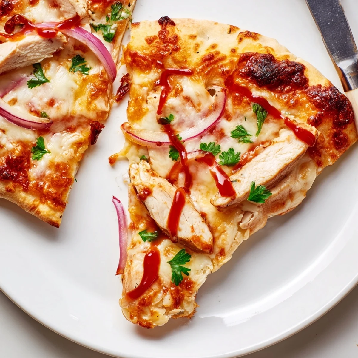 Grilled BBQ Chicken Pizza Recipe sliced, drizzled with extra BBQ sauce and cilantro