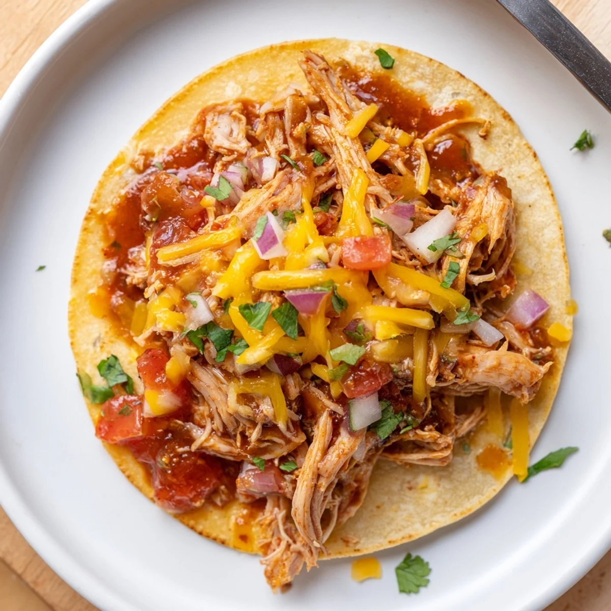 Slow Cooker Chicken Tacos steaming on a plate, shredded chicken, smoky spices