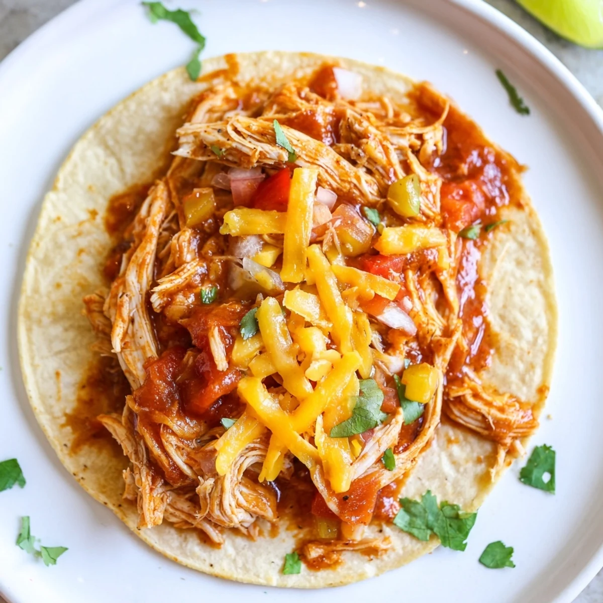 A platter of Slow Cooker Chicken Tacos with lime wedges and avocado