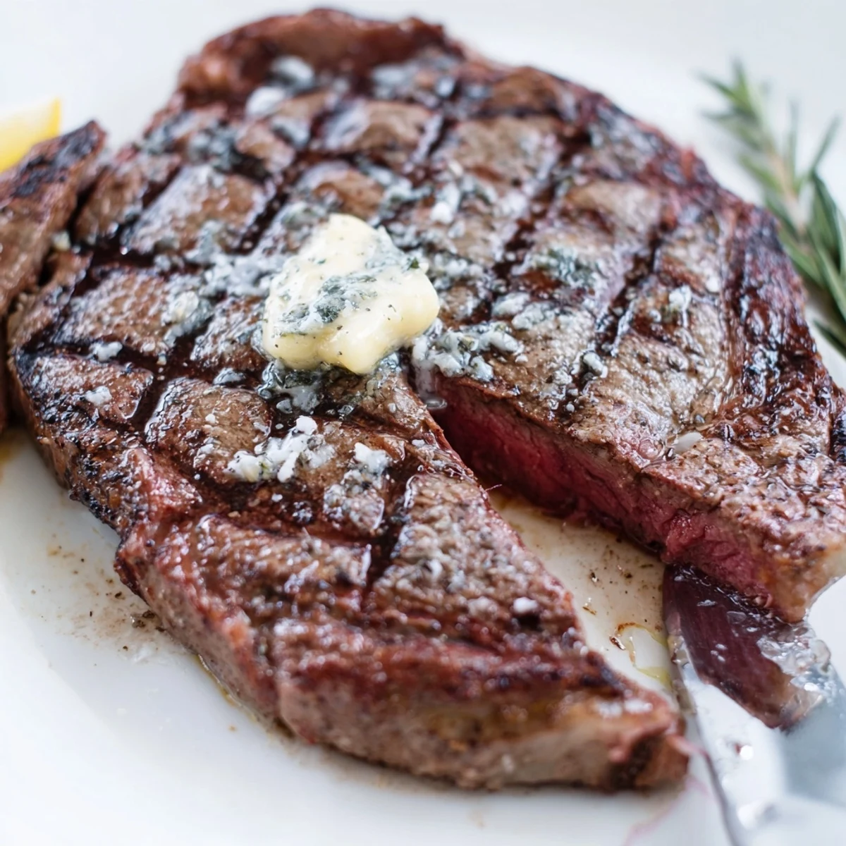 Family style platter from How To Grill Steak Recipe, juices resting beside lemon wedges
