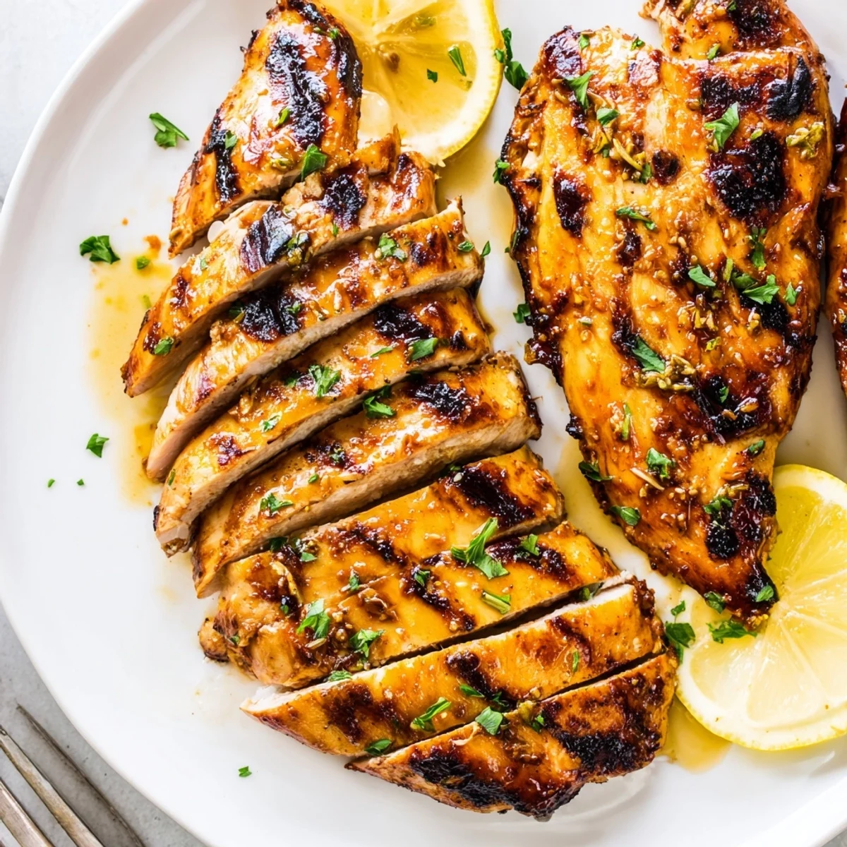 Grilled Chicken Recipe with charred grill marks, juicy interior and lemon garnish.  