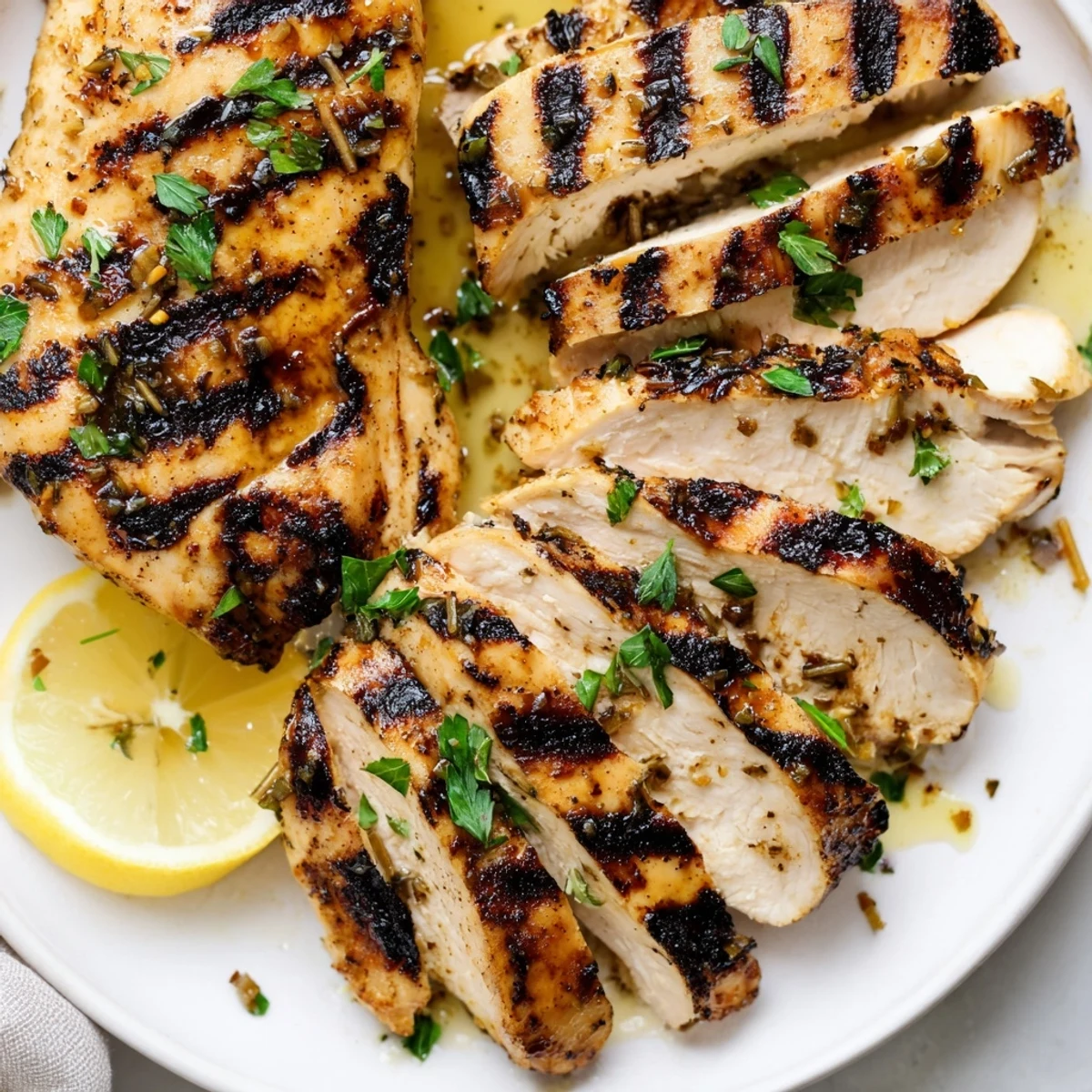 Weeknight serving of Grilled Chicken Recipe sliced over fresh greens, parsley sprinkled.