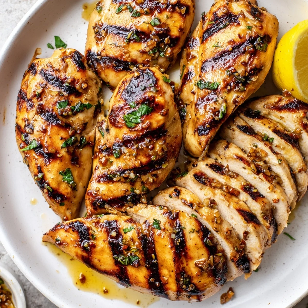 Zesty Grilled Chicken Recipe resting on plate, herb-scented and steaming hot.  