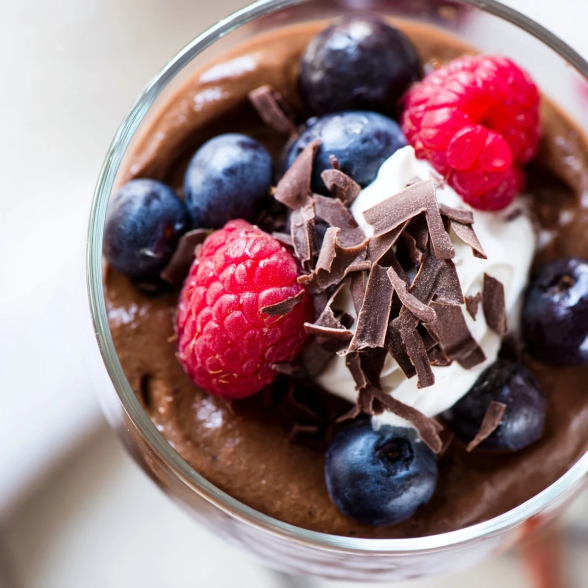 Creamy chocolate flaxseed pudding topped with fresh raspberries and shaved dark chocolate