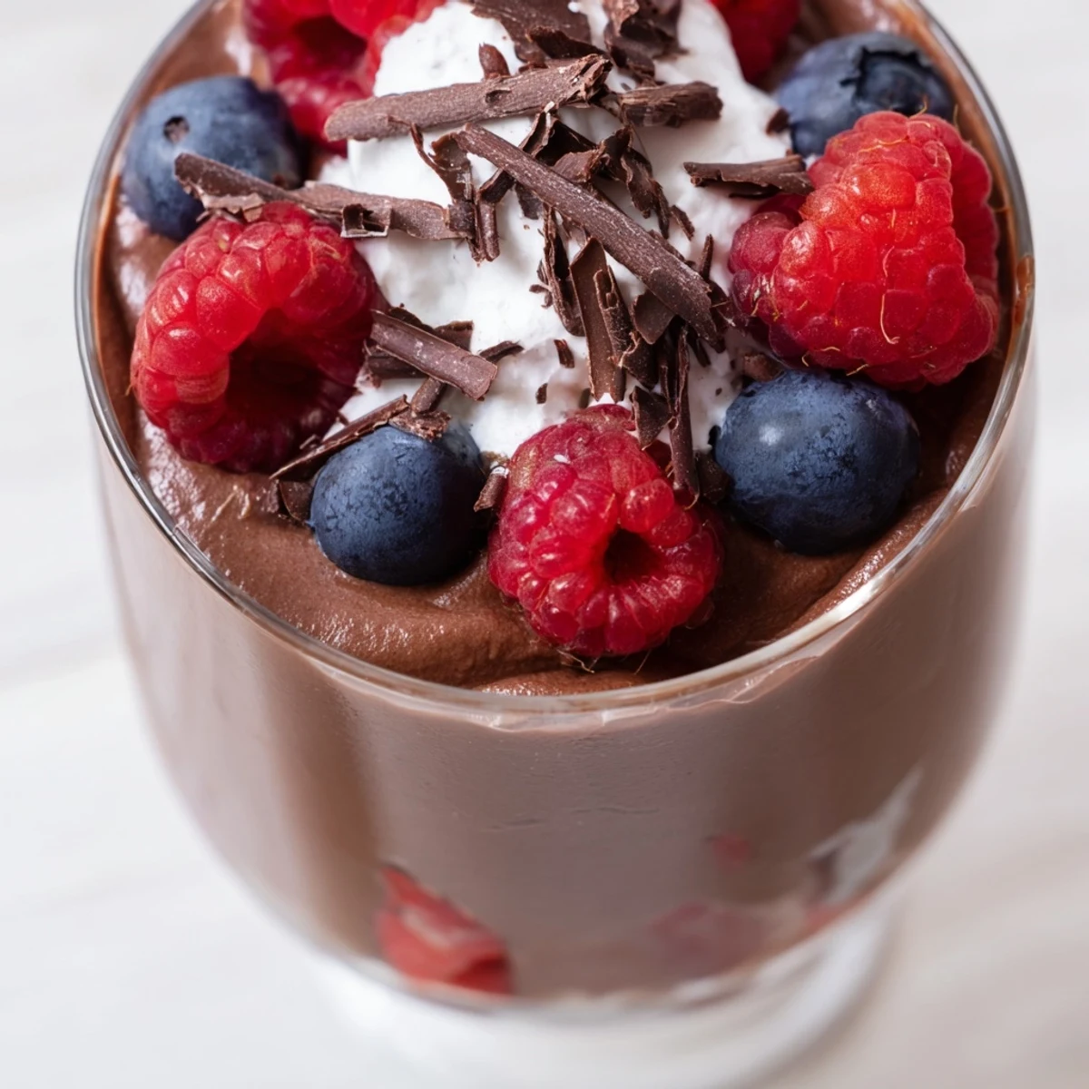 Spoonful of rich chocolate flaxseed pudding garnished with coconut whipped cream and berries