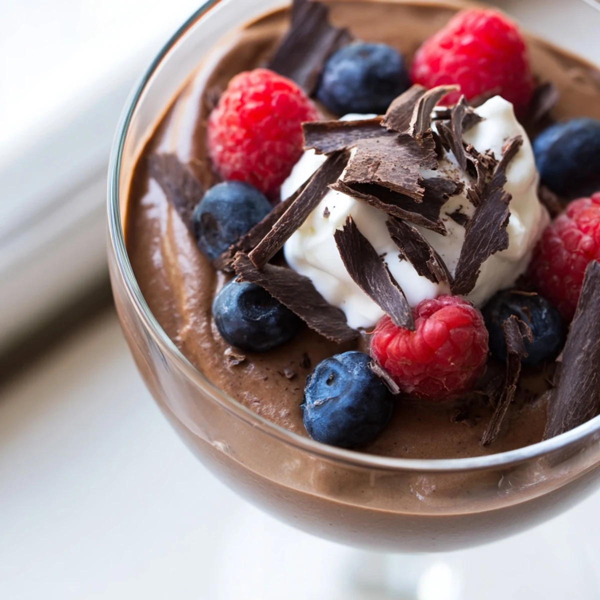 Glasses of chilled chocolate flaxseed pudding dessert sprinkled with chopped nuts and cocoa