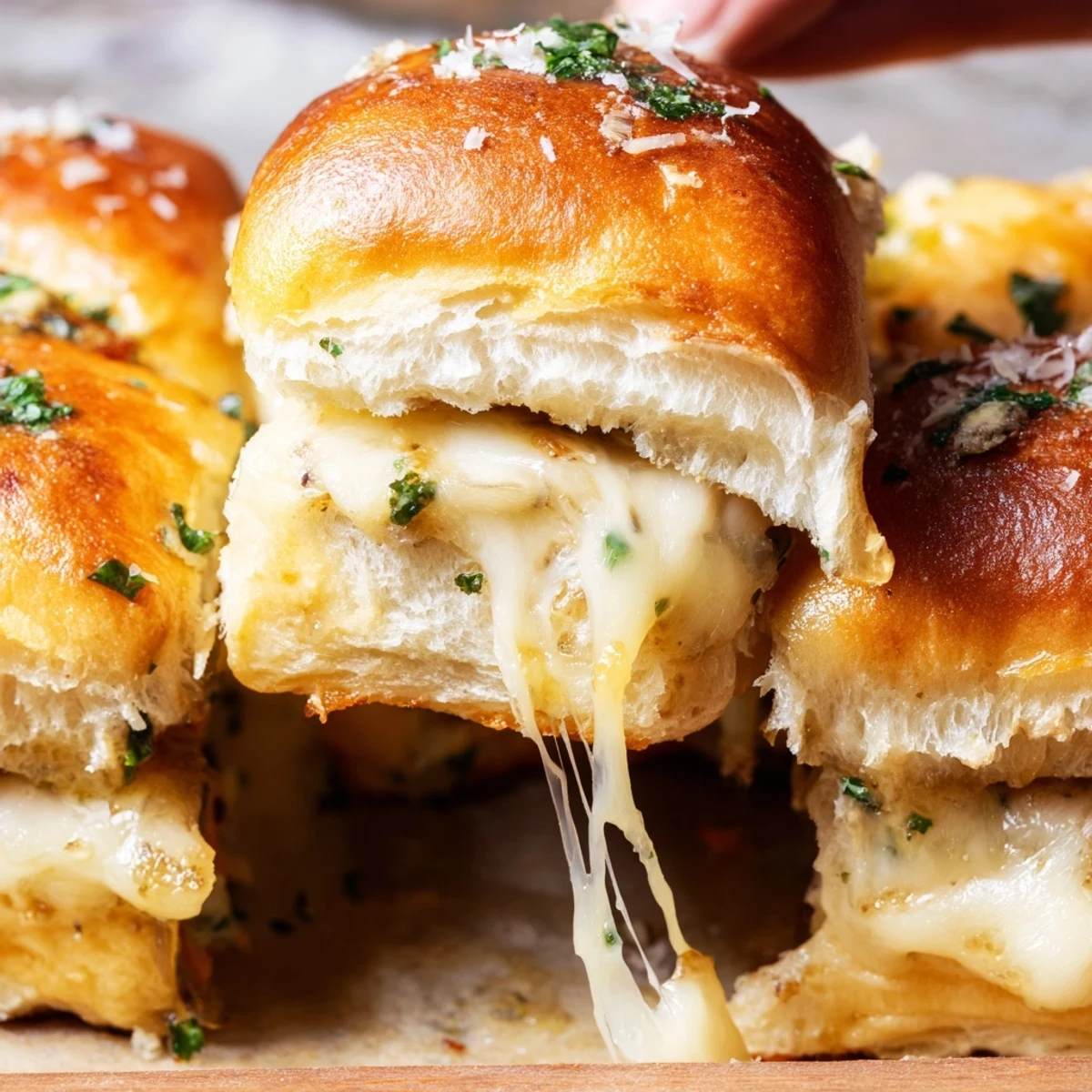 Golden brown mini grilled cheese Hawaiian rolls with melted mozzarella and cheddar cheese layers