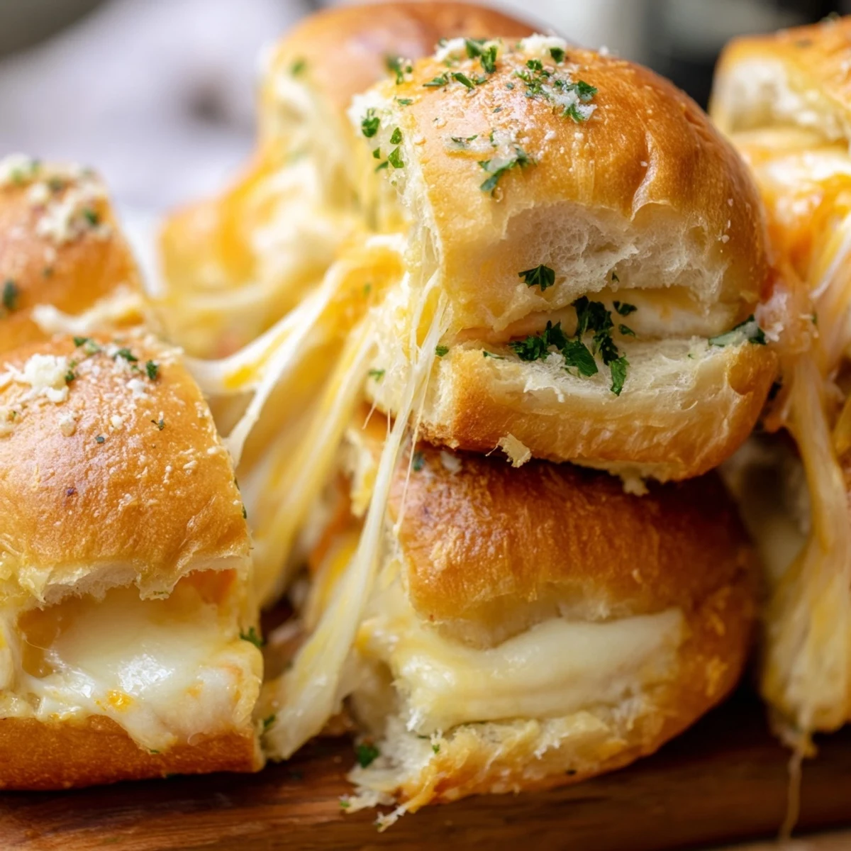 Baked Hawaiian sweet roll sliders stuffed with gooey cheese and brushed with garlic butter