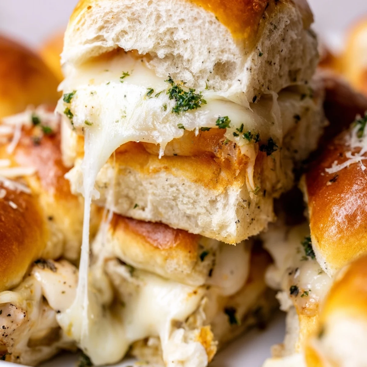 Whole tray of toasted mini grilled cheese Hawaiian rolls topped with parsley and Parmesan