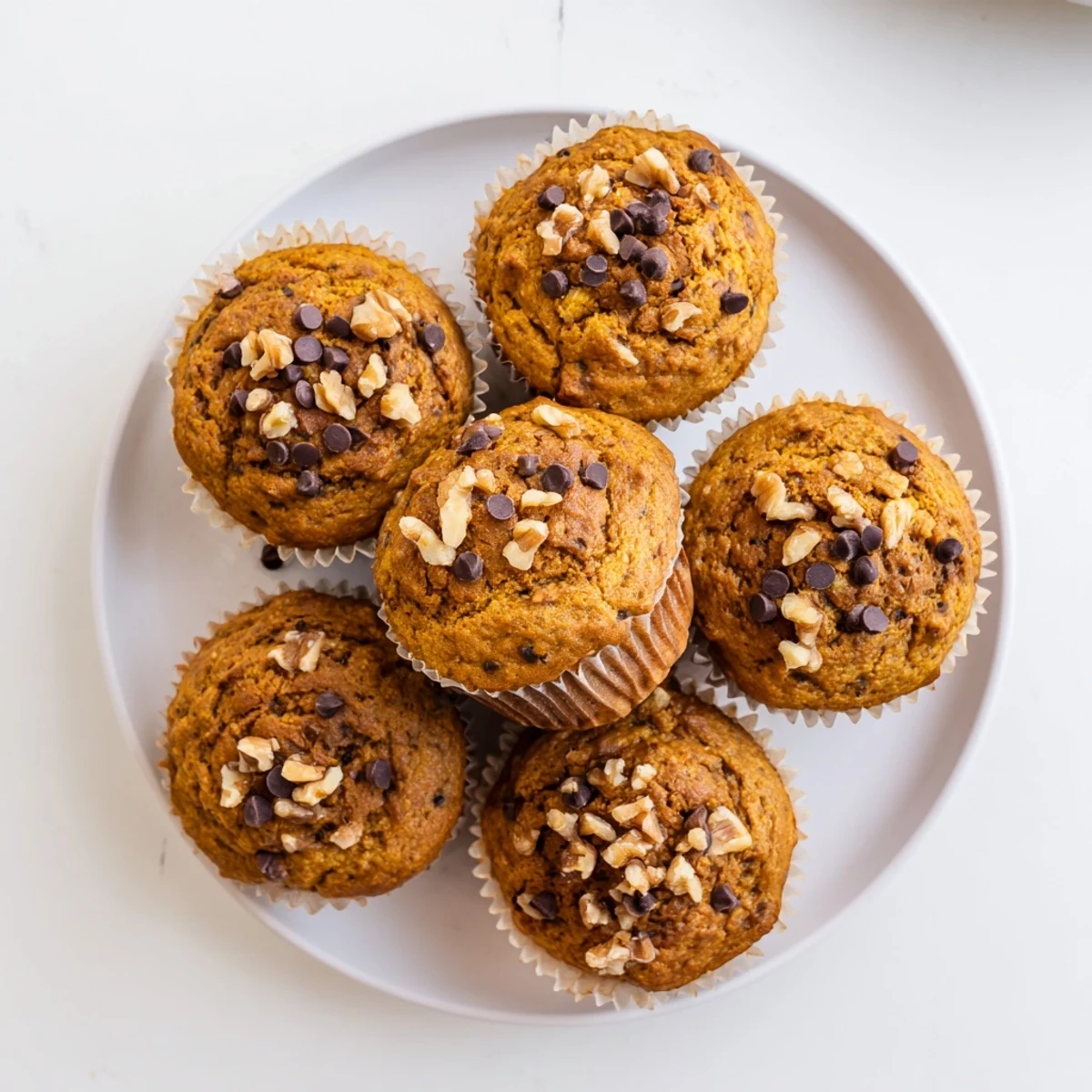 Freshly baked pumpkin banana muffins with golden tops, sprinkled with chopped walnuts on a wooden board