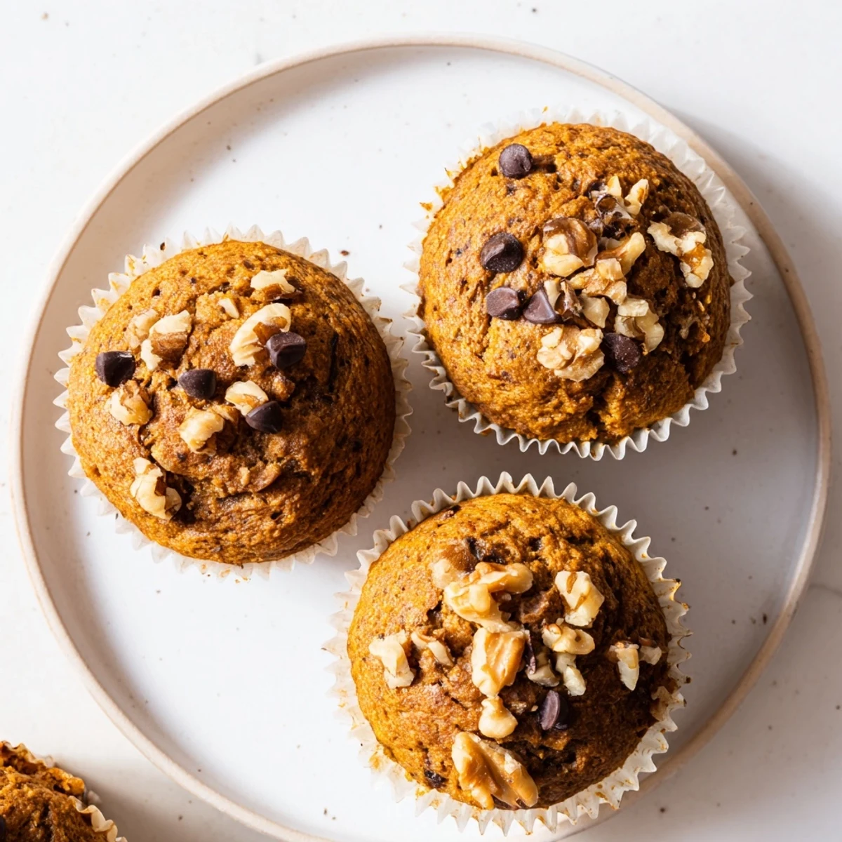 A batch of twelve fluffy pumpkin banana muffins with chocolate chips, served warm with melting butter