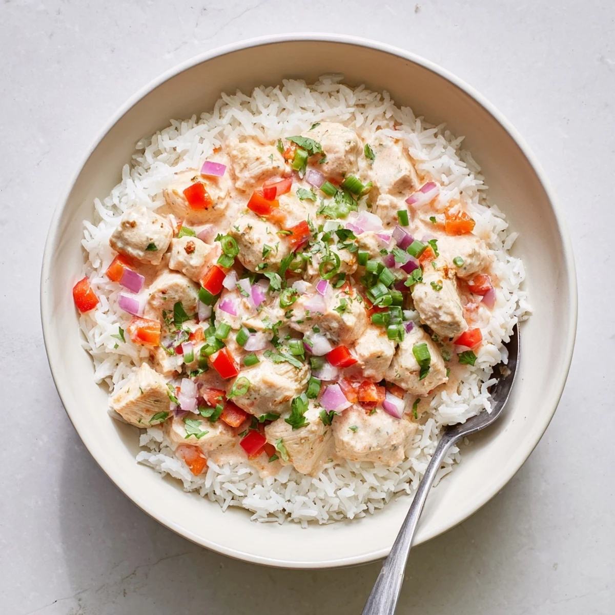 Creamy Cajun chicken rice bowl topped with colorful peppers in a rich spiced sauce
