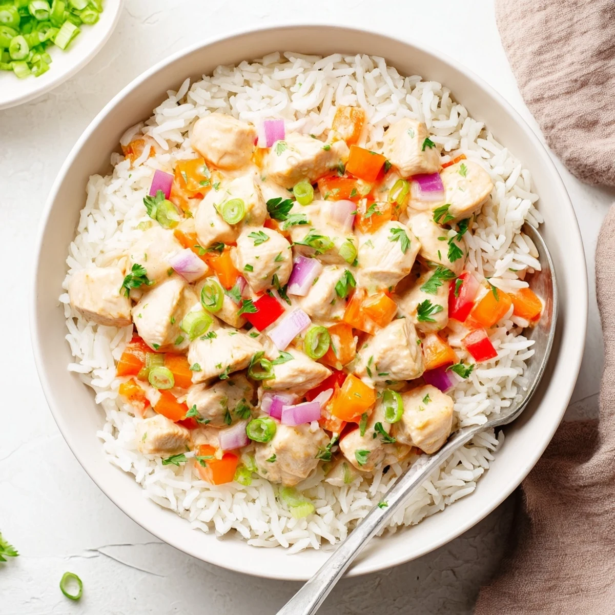 Fluffy white rice bowl loaded with tender chicken and vegetables in Cajun cream sauce