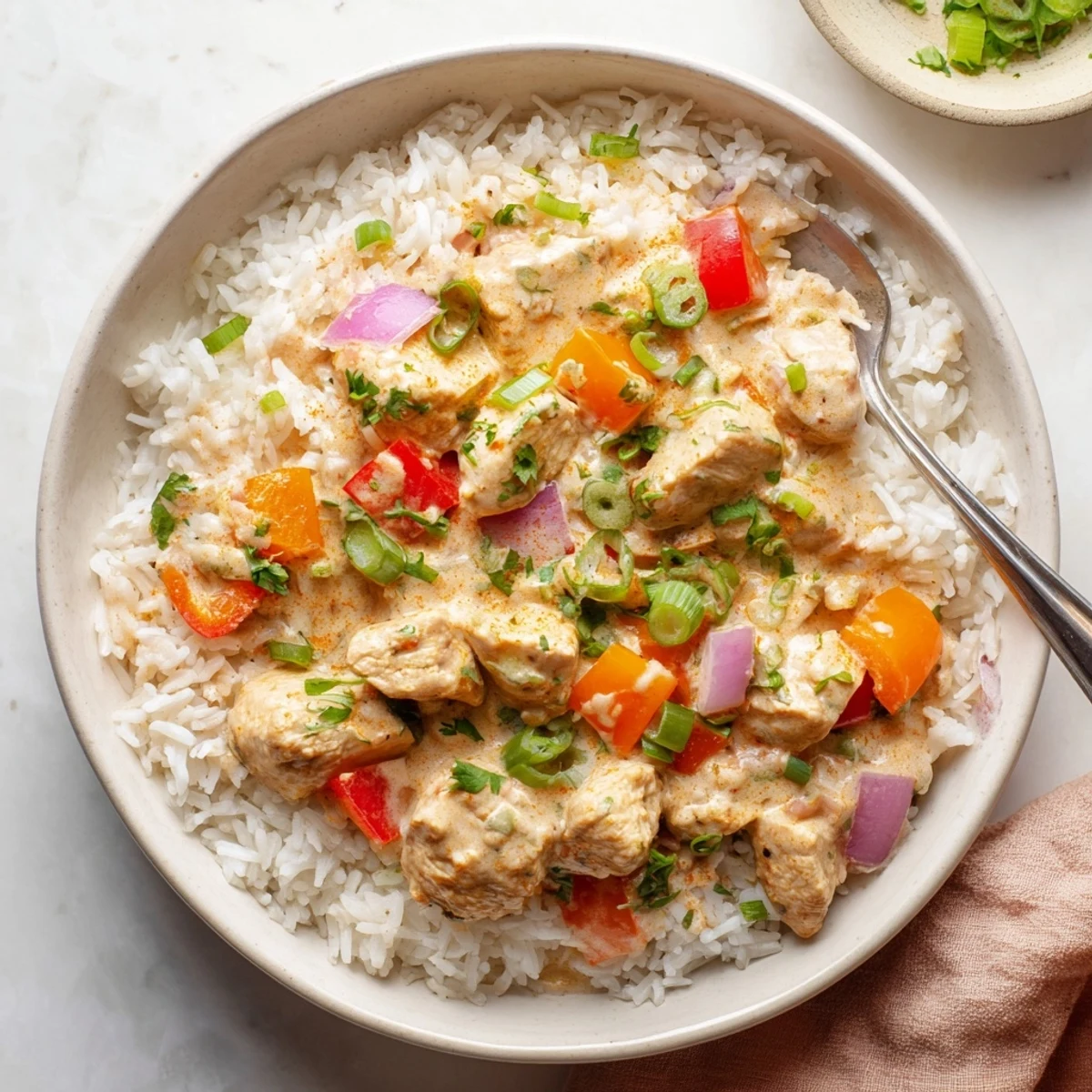 Vibrant chicken and bell pepper mixture served over rice with creamy Cajun spiced sauce