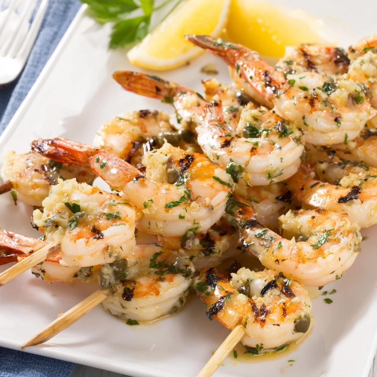 Juicy shrimp threaded on skewers grilled to perfection with piccata glaze