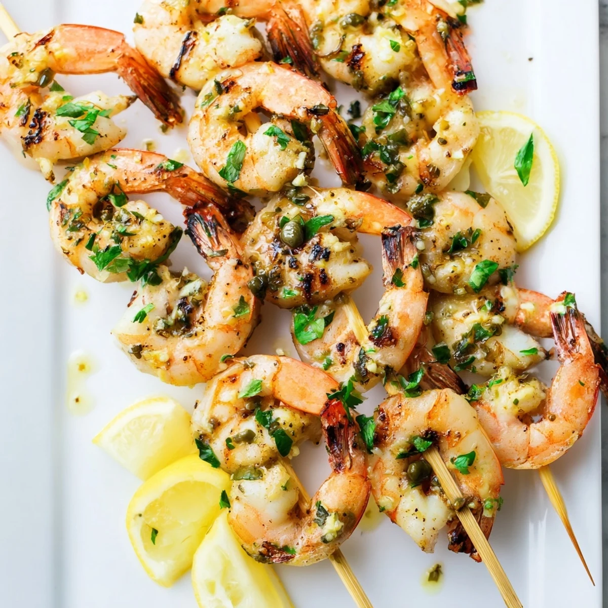 Golden grilled shrimp piccata skewers brushed with zesty buttery lemon caper sauce