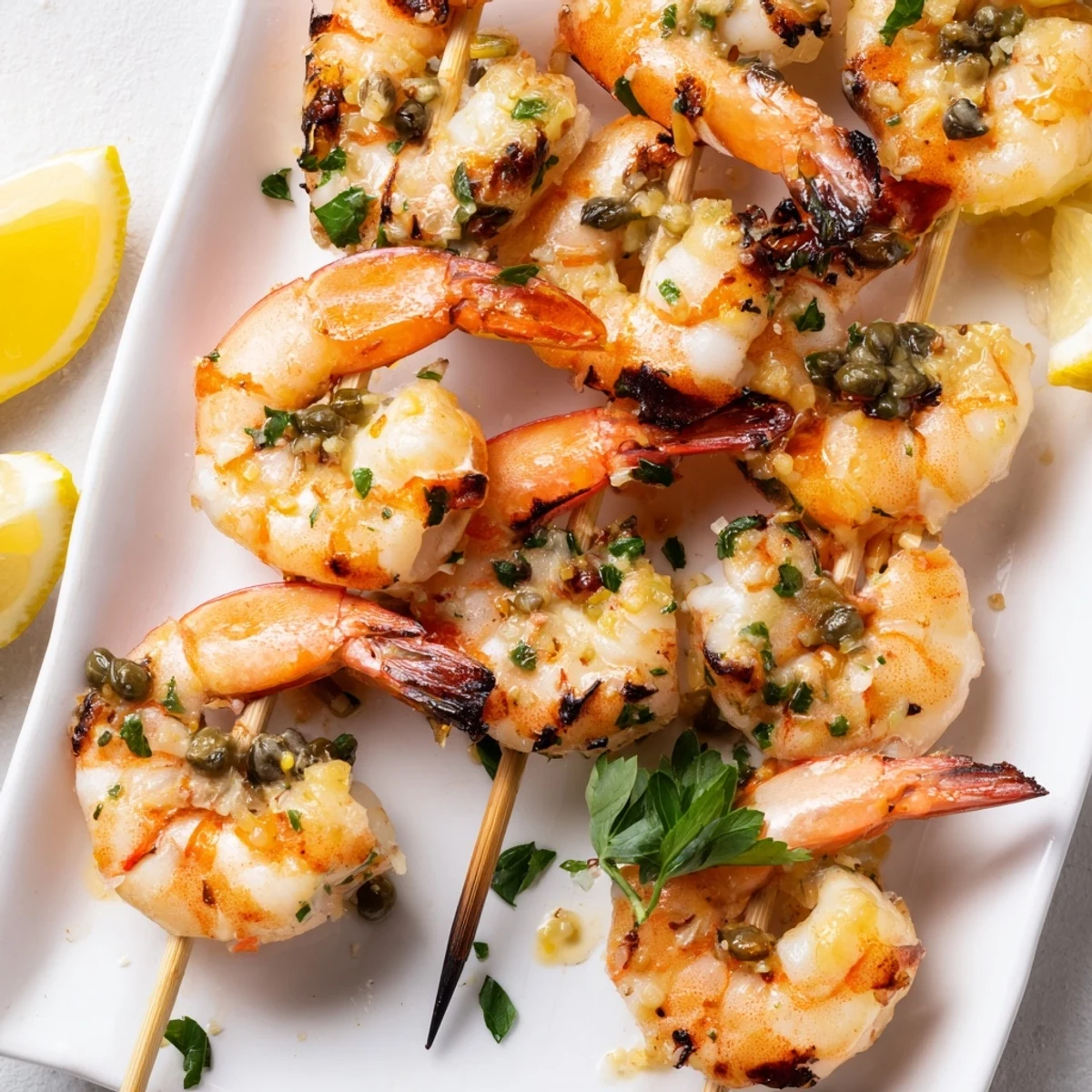 Savory grilled shrimp piccata skewers drizzled with bright lemon butter sauce