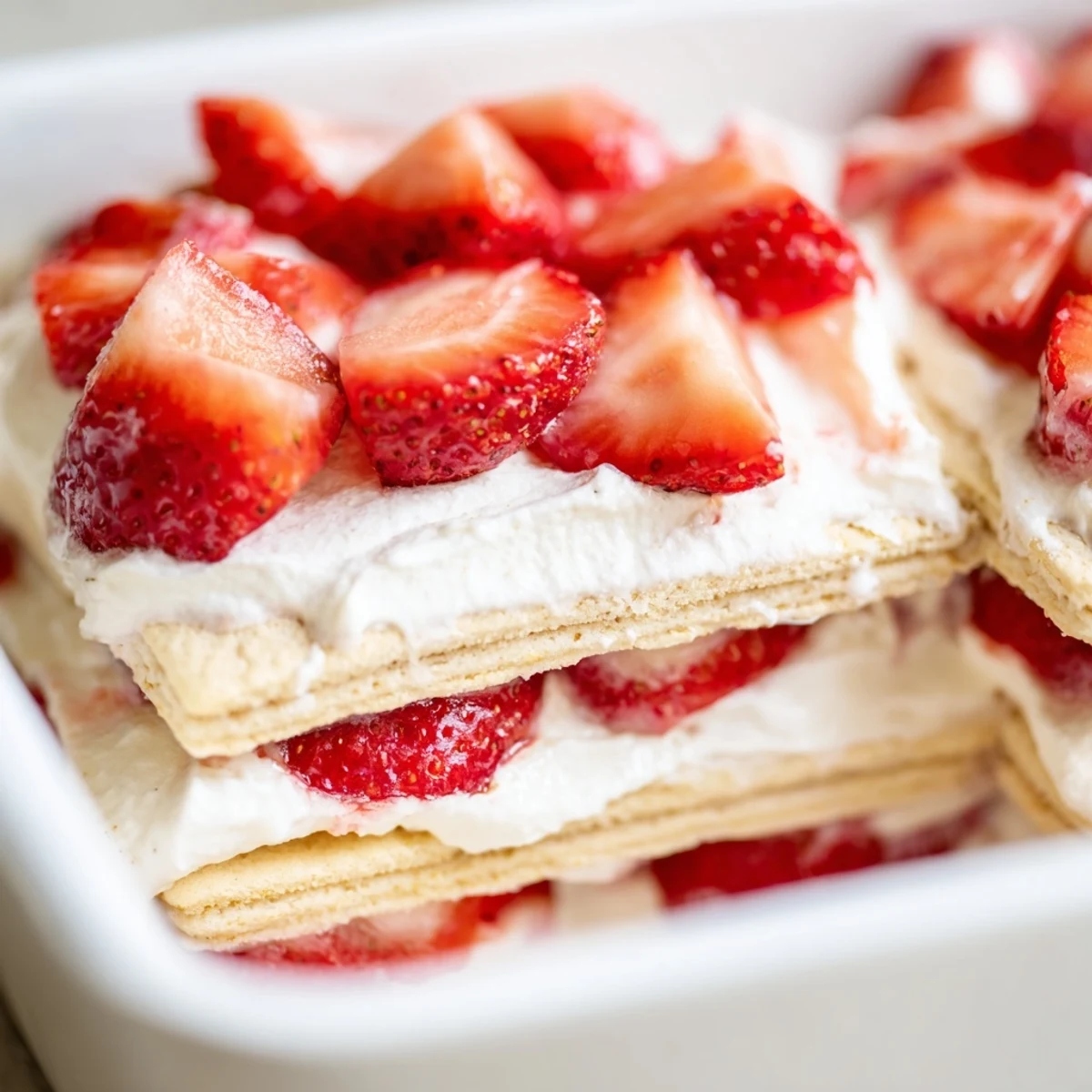No bake strawberry shortcake dessert layered with juicy strawberries, creamy whipped filling, and tender shortbread cookies in a glass serving dish