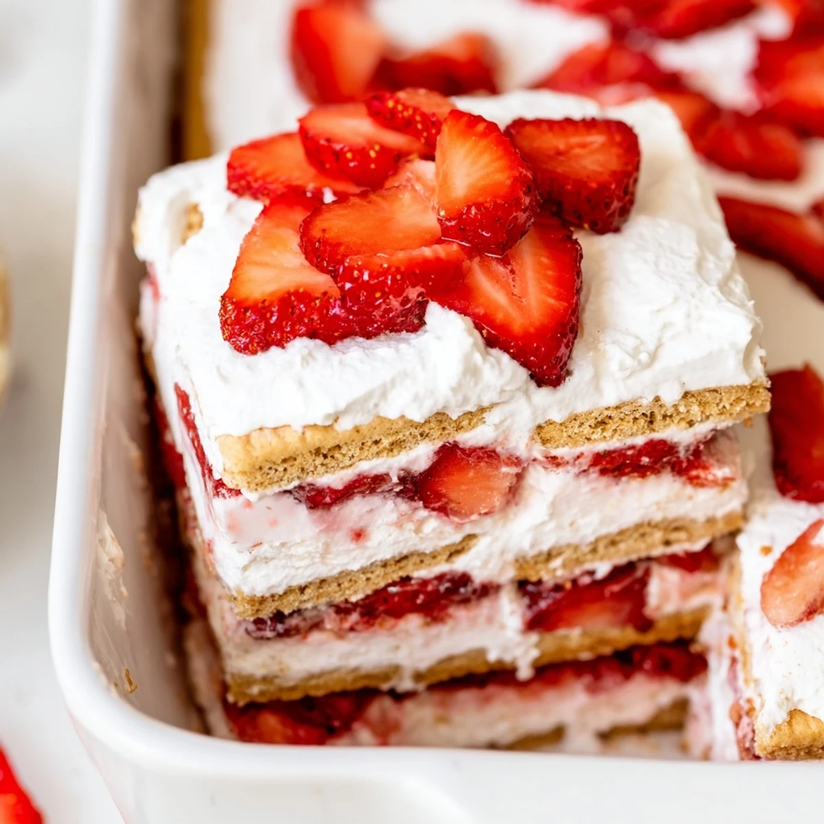 Square pan of no bake strawberry shortcake dessert with macerated strawberry juices soaking into golden shortbread cookie layers