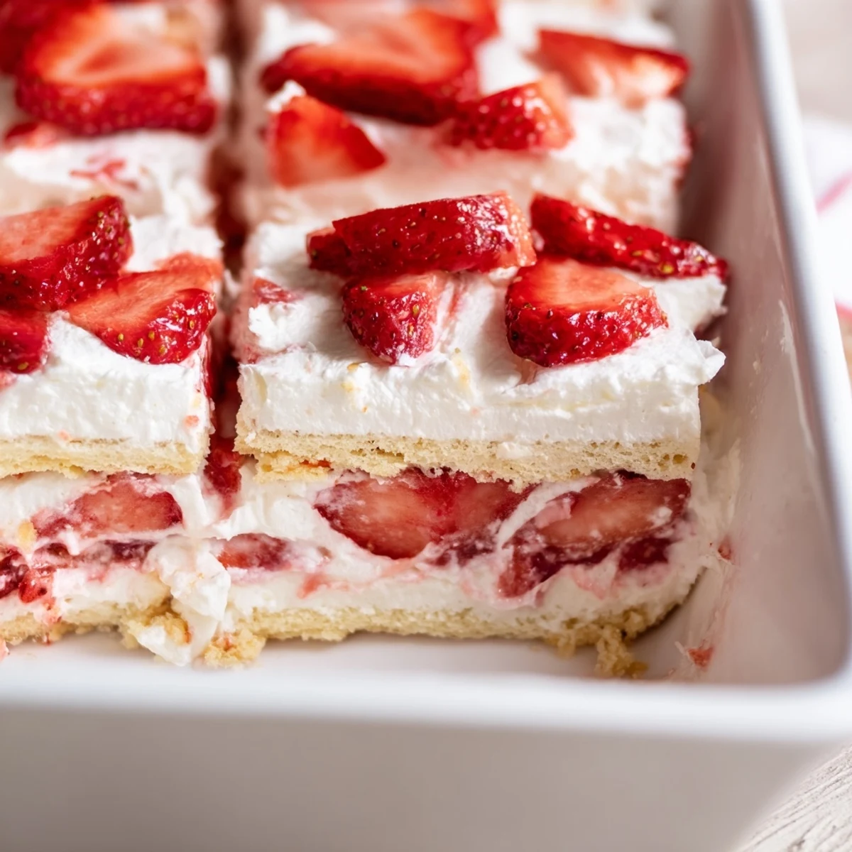 Slice of no bake strawberry shortcake dessert showing alternating red berries and white cream layers topped with fresh strawberry garnish