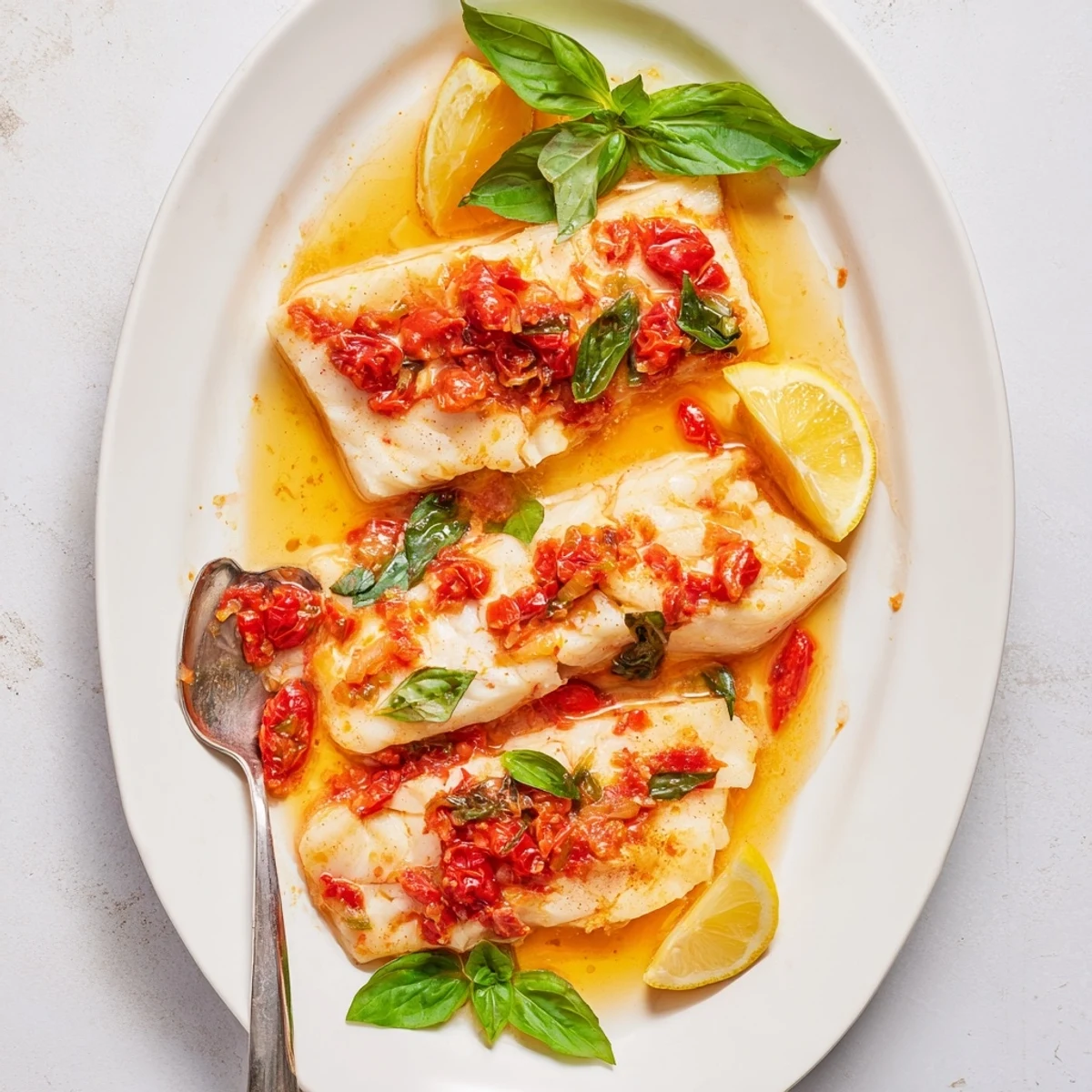 Golden halibut fillets poached in rich tomato-butter sauce with fresh basil garnish