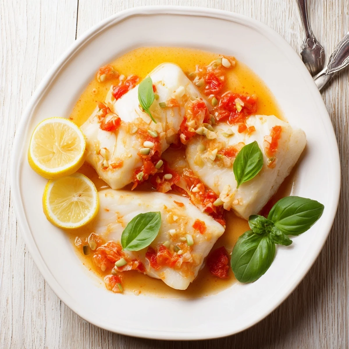 Succulent grill-poached halibut swimming in silky tomato butter with charred grill marks